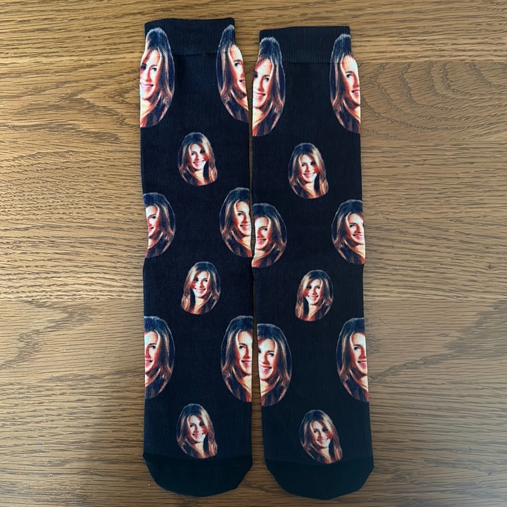 Black Novelty Custom Face Socks: Jennifer Anniston